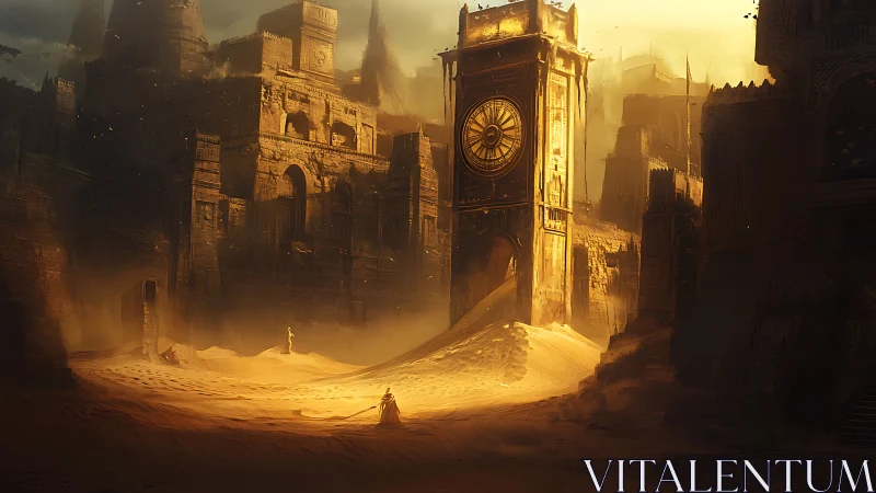 Sand-swallowed clocktower dreaming in a burnt-gold empire.