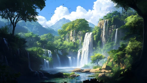 Emerald canyon cascades singing under sunlit jungle sky.