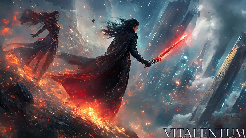 Fiery swordbearers stride through a storm of falling stars.