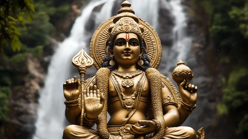 Golden deity watches over misty jungle waterfall sanctuary.