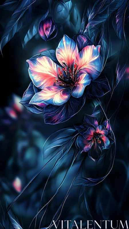 Glowing midnight blossoms painted in soft neon light.