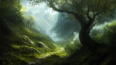 Mountain Valley with Ancient Tree and Misty Peak