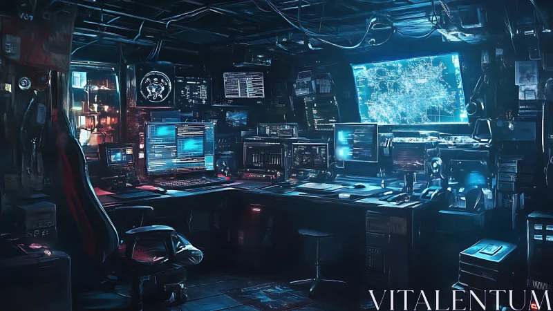 Cybernetic command bunker with holographic data arrays.