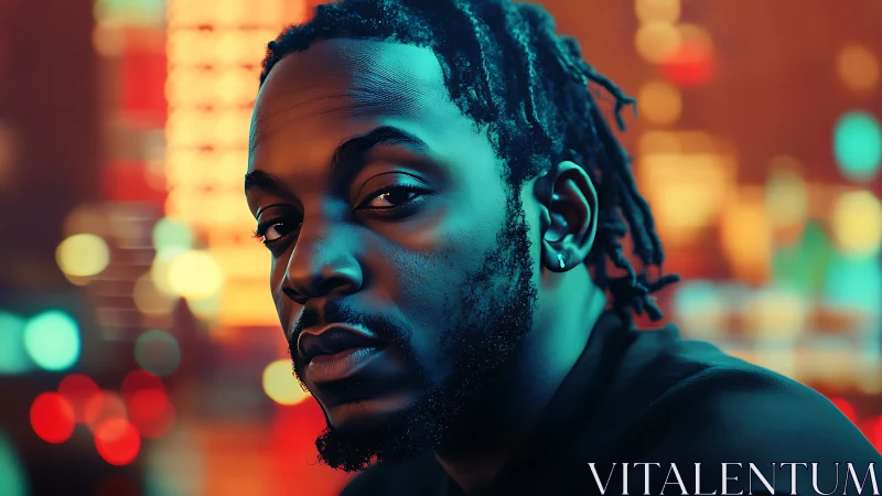 Portrait shows man with short locs against neon city lights