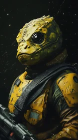 Reptilian space soldier grips rifle in worn yellow armor.