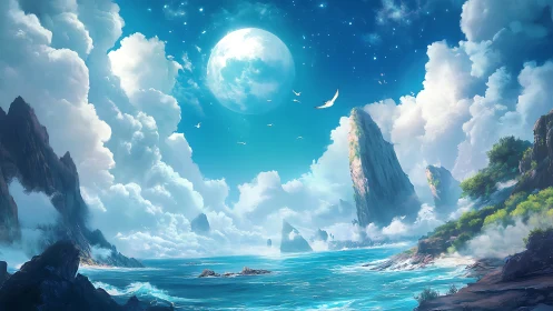 Celestial Landscape: Luminous Moon Over Coastal Cliffs