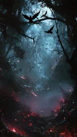 Nocturnal ravens over ember-lit misty haunted forest.