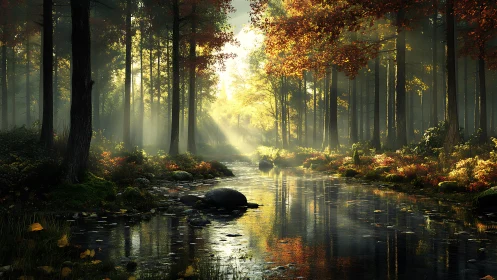 Misty Forest Stream at Golden Hour with Autumn Light