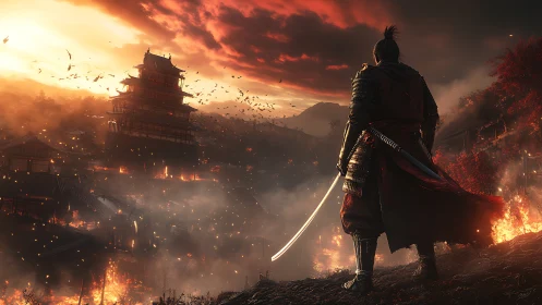 Lone samurai surveys a burning fortress under a bloodred sky