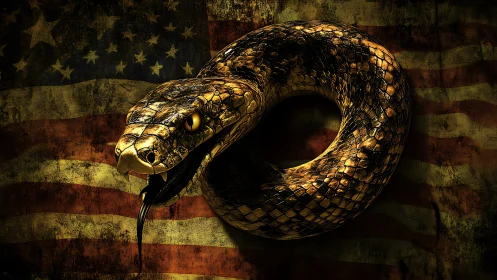 Coiled serpent erupts from a weathered American flag&rsquo;s shadow