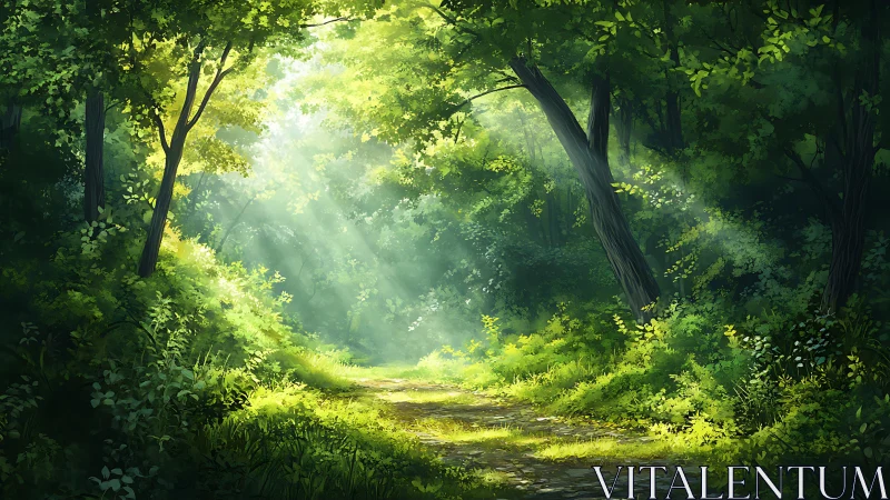 Sunlit forest path in lush green woods, digital painting style.