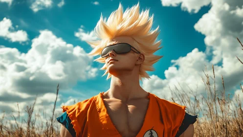 Stylish anime hero soaking in sunlit open sky vibes.