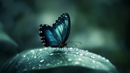 Iridescent teal butterfly on dewy leaf in soft macro bokeh.