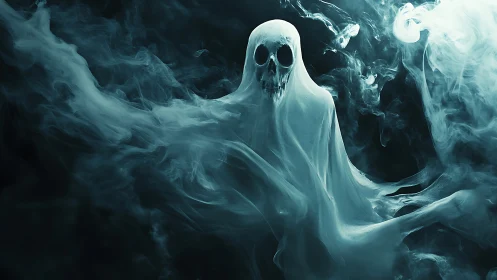 Ghostly wraith exhales itself from swirling teal smoke