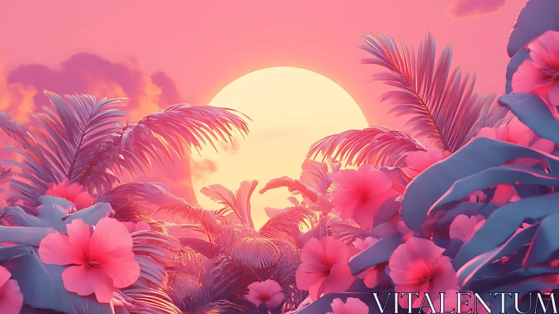 Neon tropical sunset with stylized hibiscus and palm canopy.