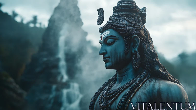 Silent blue Shiva sentinel beside mist-veiled mountain falls.