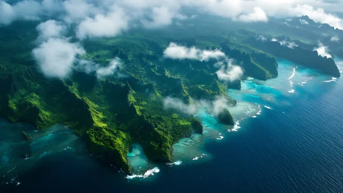 Aerial view of rugged volcanic coastline with dense vegetation