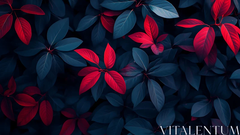 Red and blue-toned foliage is arranged in dense overlapping layers