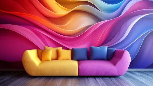 Colorful sofa oasis beneath flowing rainbow wall art.
