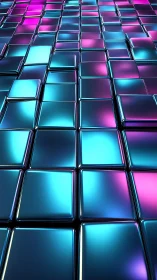 Chromed square grid reflects cyan and magenta neon light