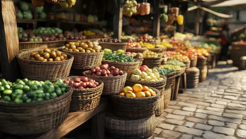 Sunlit market baskets overflow with vivid fresh produce.