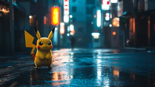 Electric mascot in neon‑lit rainy alley at blue hour.