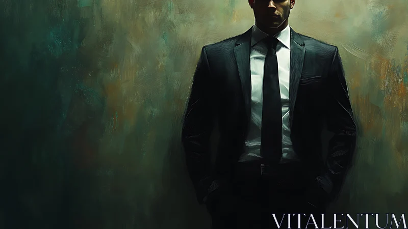 Moody half-lit businessman in tailored black suit, textured wall