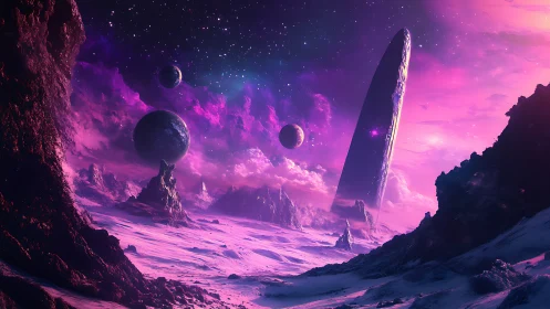 Alien landscape shows ringed obelisk and multiple planets