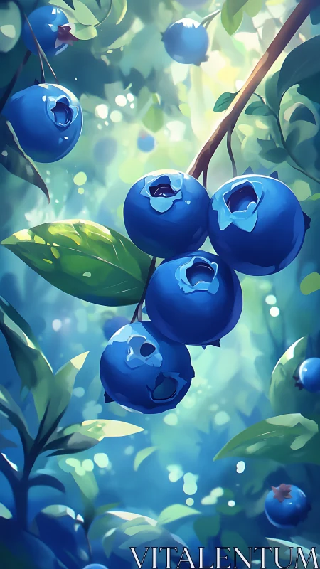 Glowing forest blueberries with soft bokeh light shafts.