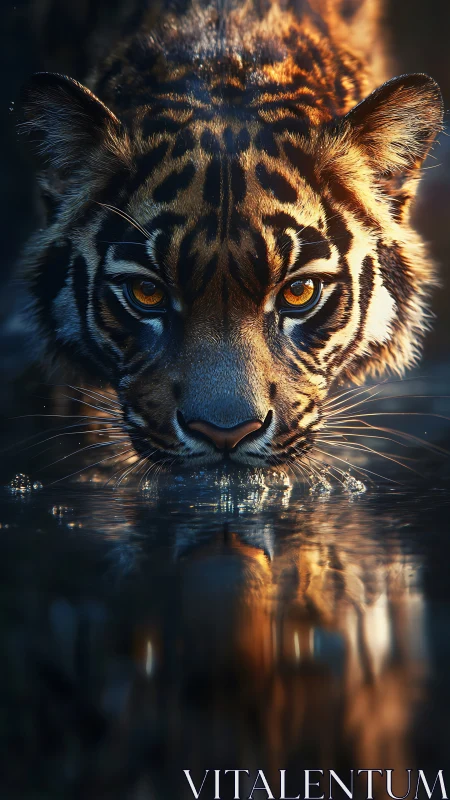 Golden-eyed tiger leans low over water in calm twilight focus