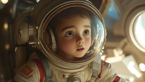 Wide eyed child astronaut inside glowing space capsule.