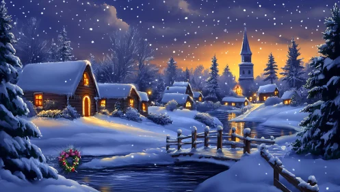 Snow-laden village at dusk rendered in luminous digital painting