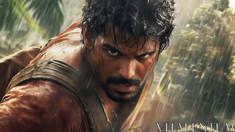 Intense warrior in jungle rain with focused stare.