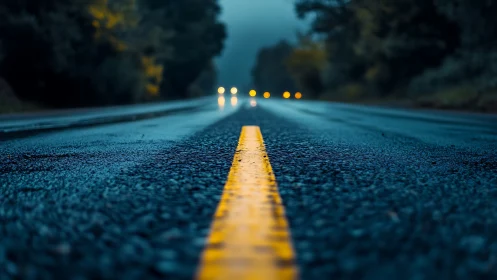 Wet rural road glows under moody twilight headlights ahead