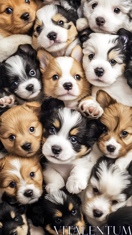 Multiple tricolor puppies are arranged in a dense vertical cluster