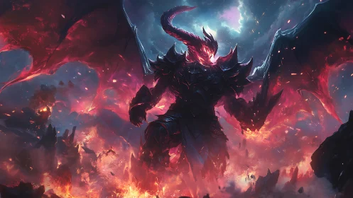 Armored infernal dragon titan rising within volcanic storm