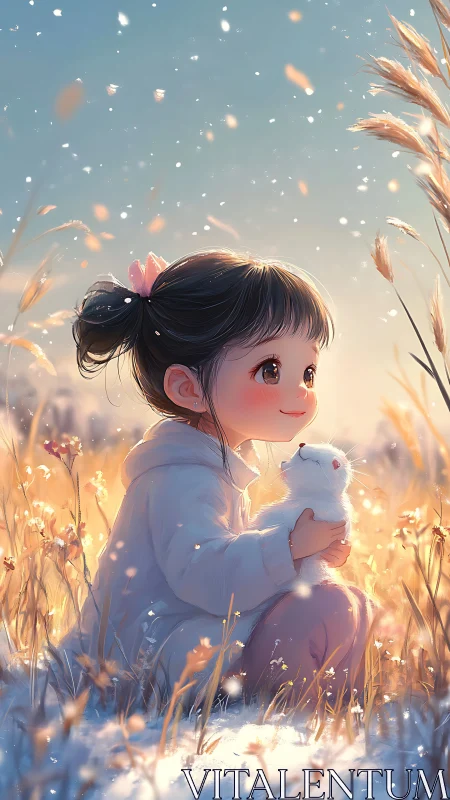 Girl cradles white ferret in glowing winter field sunset.