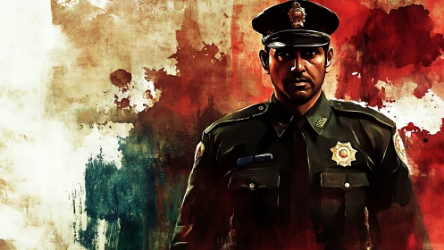 Police officer portrait against bold abstract backdrop.