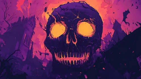Molten-eyed skull eclipses a burning violet haunted skyline