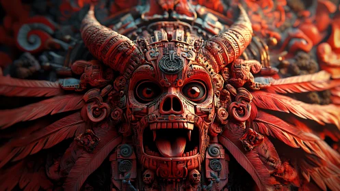 Horned skull idol with intricate red ornamental detailing.