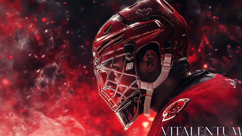 Hockey goalie in blazing red light stands ready for impact.