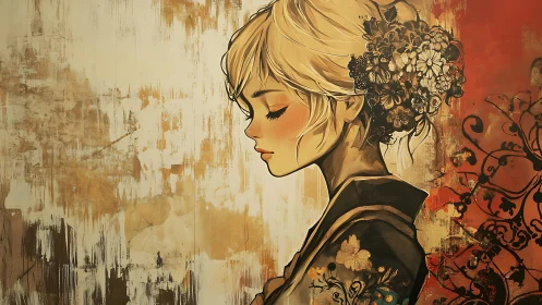 Profile portrait of floral-haired woman in textured anime style