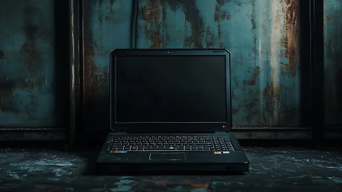 Closed-screen black laptop in dim industrial metal interior
