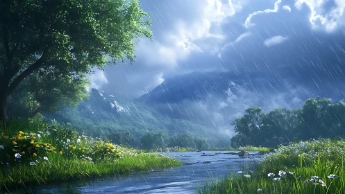 Spring river flows through a lush valley under cleansing rain