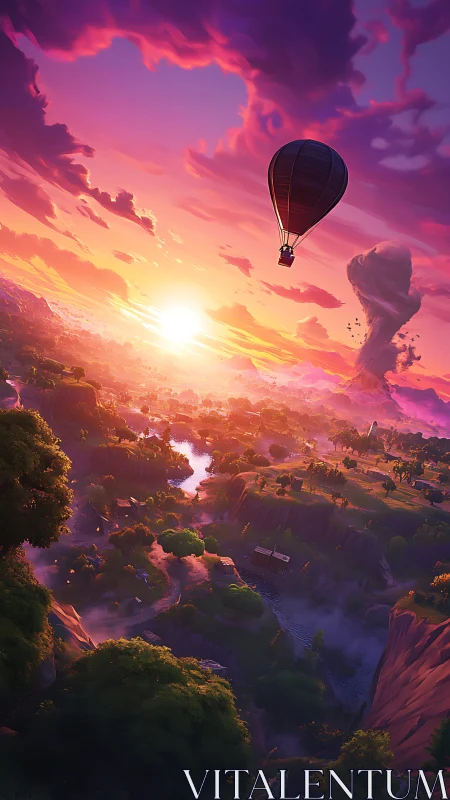 Sunlit hot air balloon drifts quietly above glowing valley