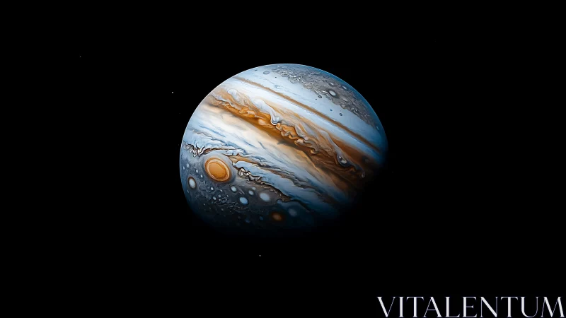 Storm-laced gas giant swirling through ink-black cosmos.