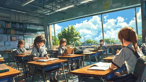 Students sit in sunlit classroom working at separate desks