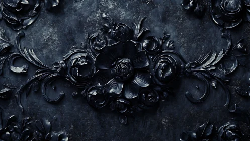 Dark ornamental floral relief with sculpted petals detail.