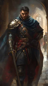 Armored figure walks through stone corridor holding sword