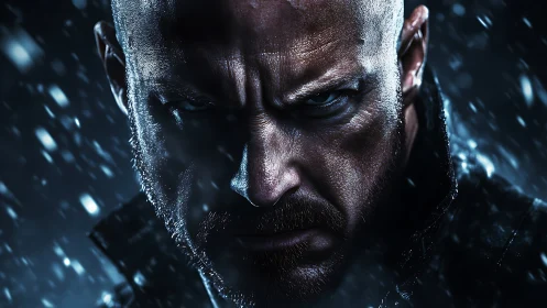 Hyper-detailed cinematic close-up of intense bald warrior.